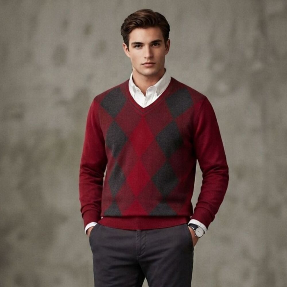 Greg Norman Merino Wool Blend Sweater Men's Size XXL Red Argyle Minimalist